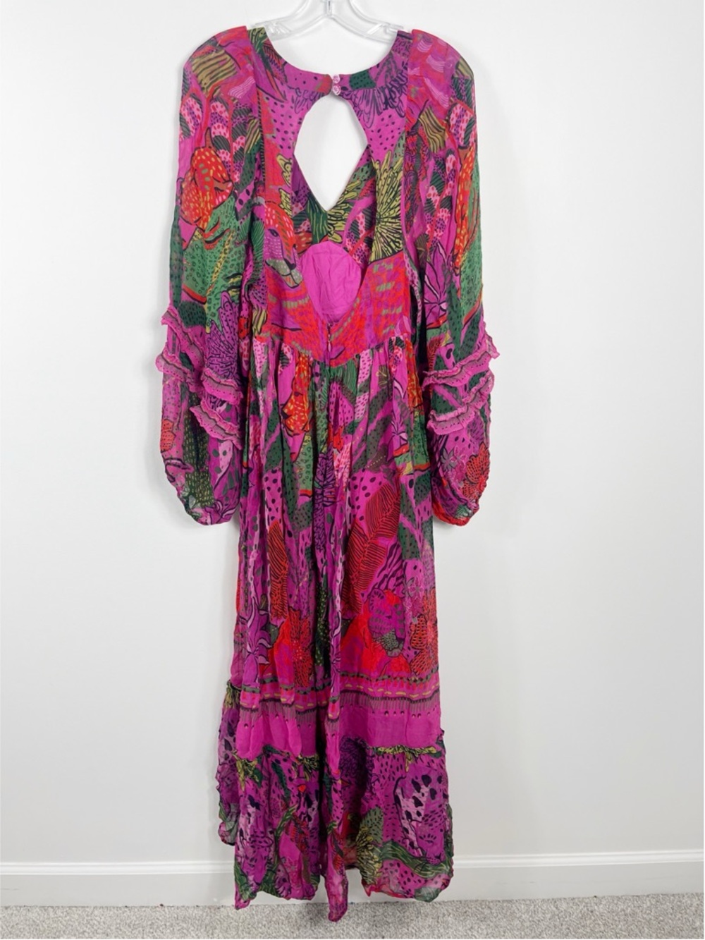 Farm Rio Cool Leopards Open Back Ruffled Georgette Maxi Dress Size Medium Pink - Picture 7 of 13